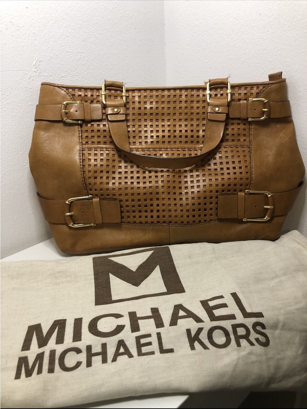 Michael Kors Cognac Woven Leather Tote with Buckle Details